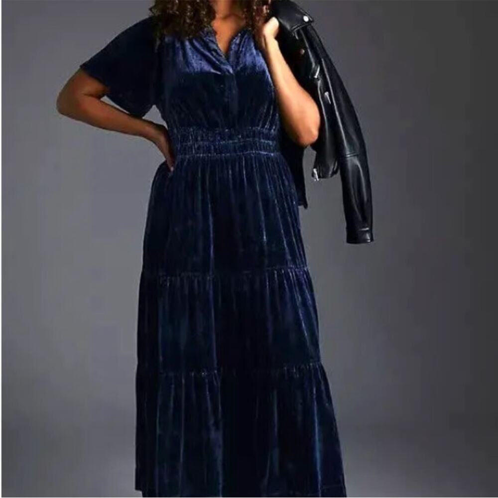 Anthropologie The Somerset Navy Velvet Tiered Maxi Dress NWT Sz 3X